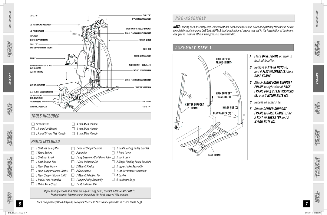 Horizon Fitness SXS 5.7 manual Tools Included, Parts Included, Base Frame 