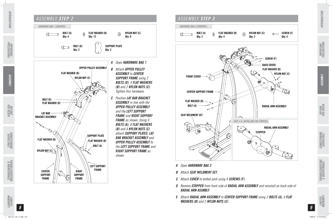 Horizon Fitness SXS 5.7 manual Open Hardware BAG, Radial ARM Assmbly 