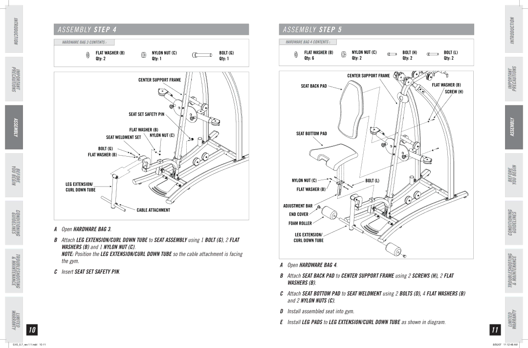 Horizon Fitness SXS 5.7 manual Insert Seat SET Safety PIN 