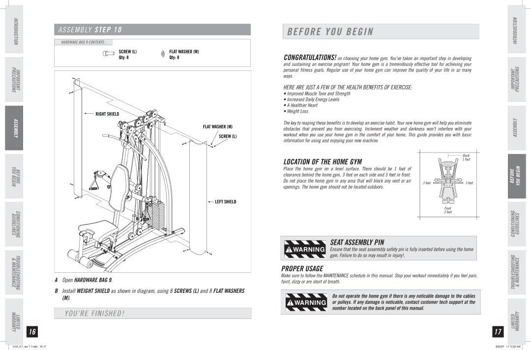 Horizon Fitness SXS 5.7 manual Before YOU Begin, YOU’RE Finished, Seat Assembly PIN Proper Usage 