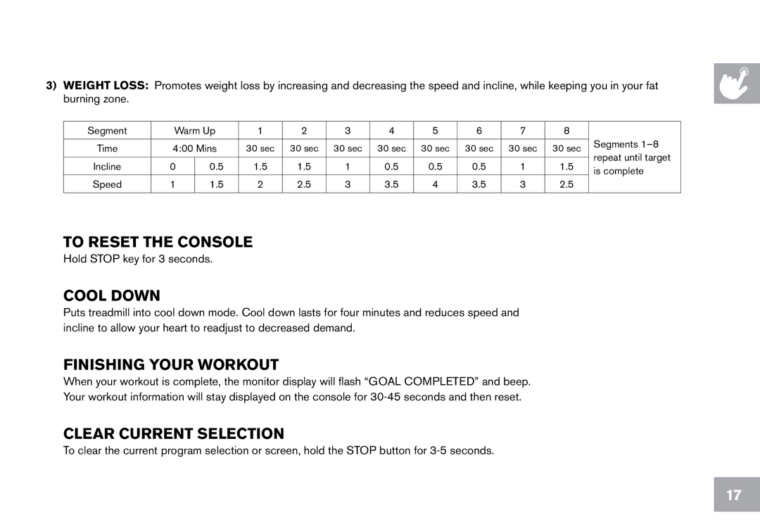 Horizon Fitness T101 owner manual Cool Down, Finishing your workout 