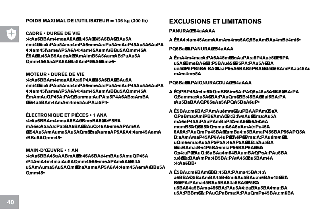 Horizon Fitness T101 owner manual Exclusions ET Limitations, Cadre Durée DE VIE 