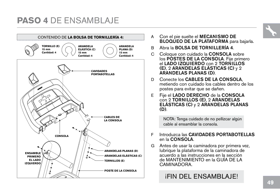 Horizon Fitness T101 owner manual Paso 4 DE Ensamblaje 