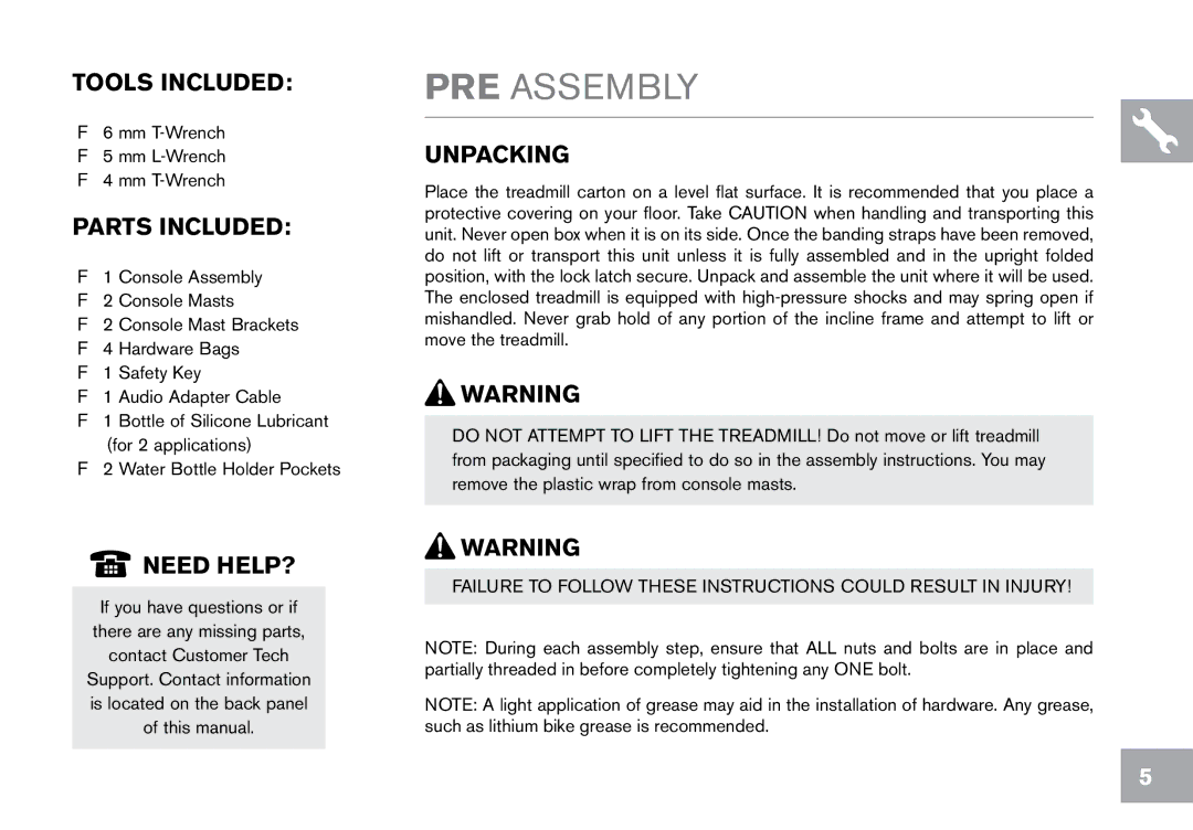 Horizon Fitness T101 owner manual PRE Assembly, Tools Included, Parts Included, Need HELP?, Unpacking 