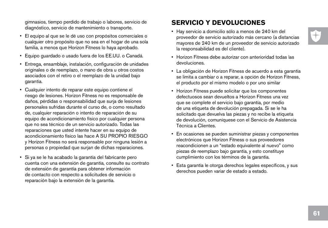 Horizon Fitness T101 owner manual Servicio Y Devoluciones 