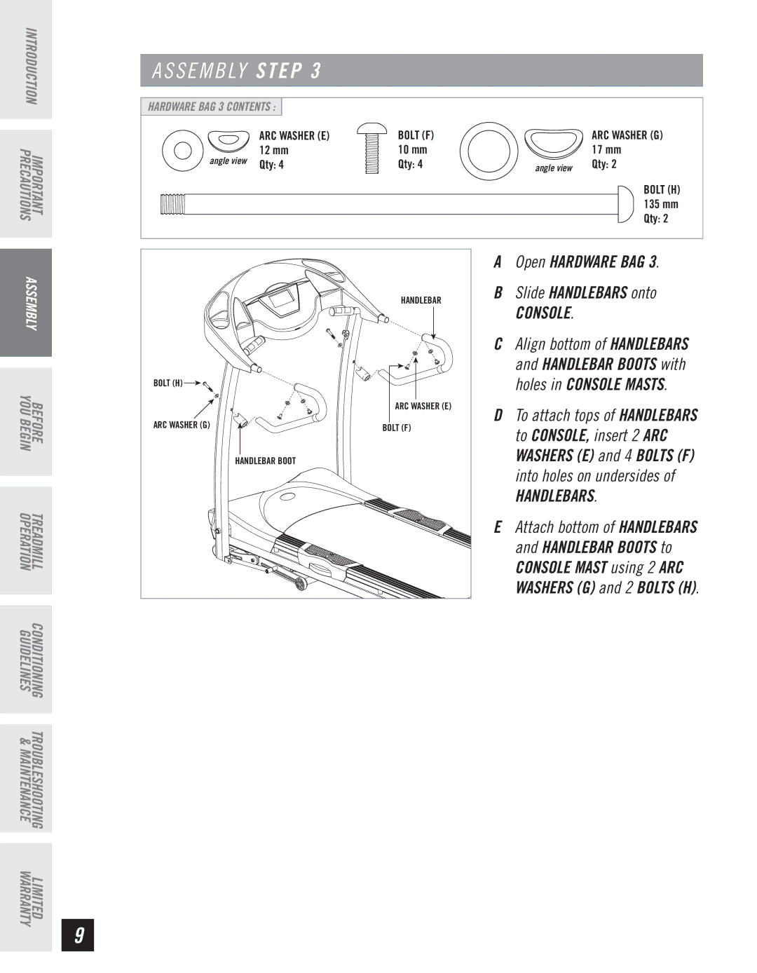 Horizon Fitness T10K manual Console, Handlebars 