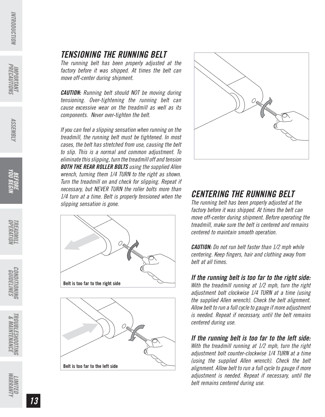 Horizon Fitness T10K manual Tensioning the Running Belt 