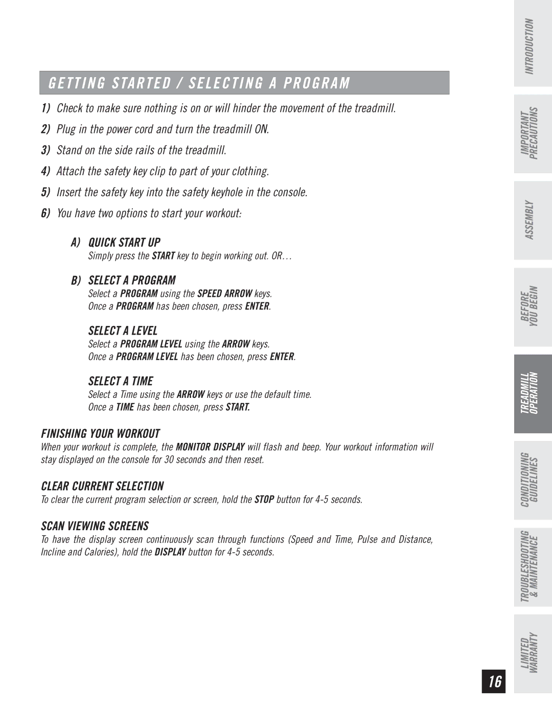 Horizon Fitness T10K manual Getting Started / Selecting a Program 