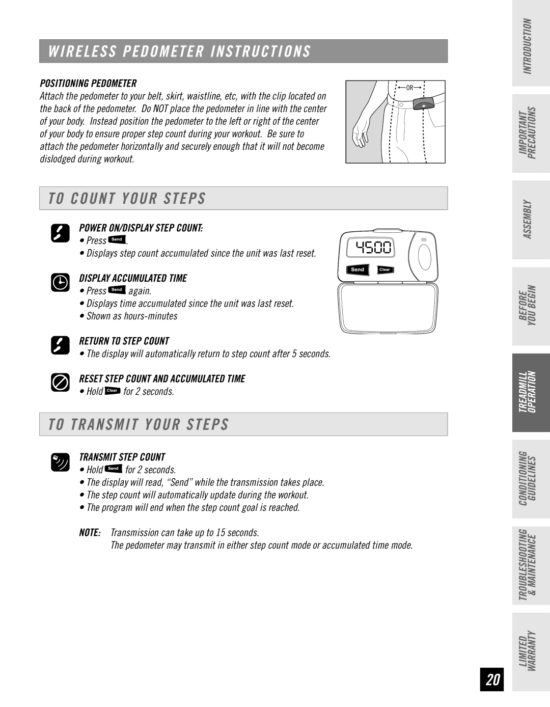 Horizon Fitness T10K manual Wireless Pedometer Instructions, To Count Your Steps, To Transmit Your Steps 