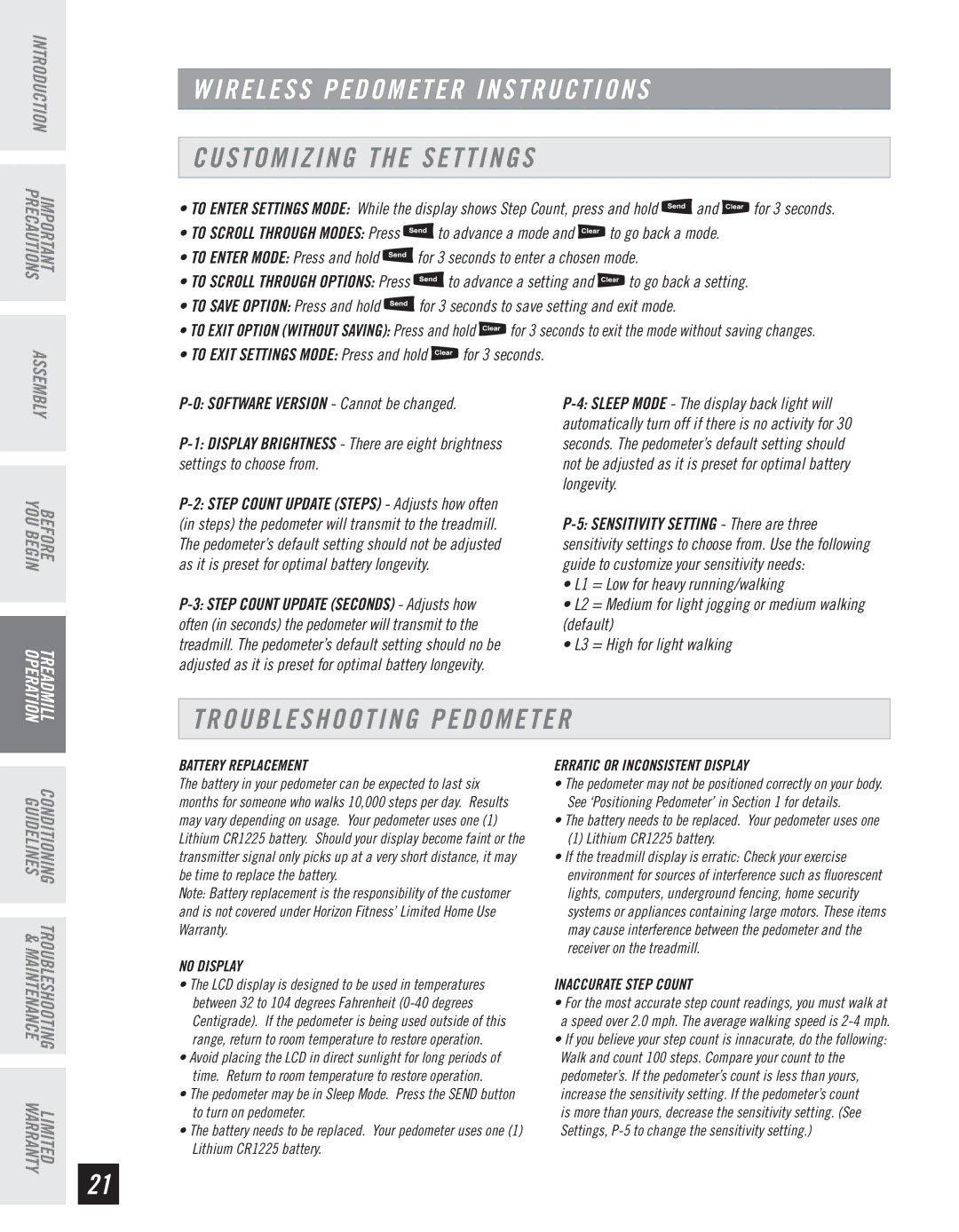 Horizon Fitness T10K manual Customizing the Settings, Troubleshooting Pedometer 