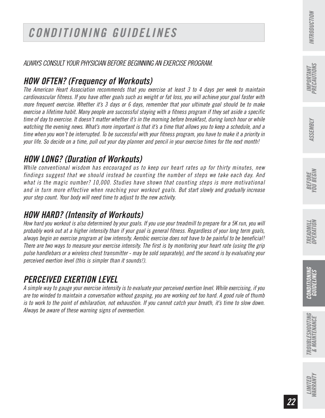 Horizon Fitness T10K manual Conditioning Guidelines, Perceived Exertion Level 