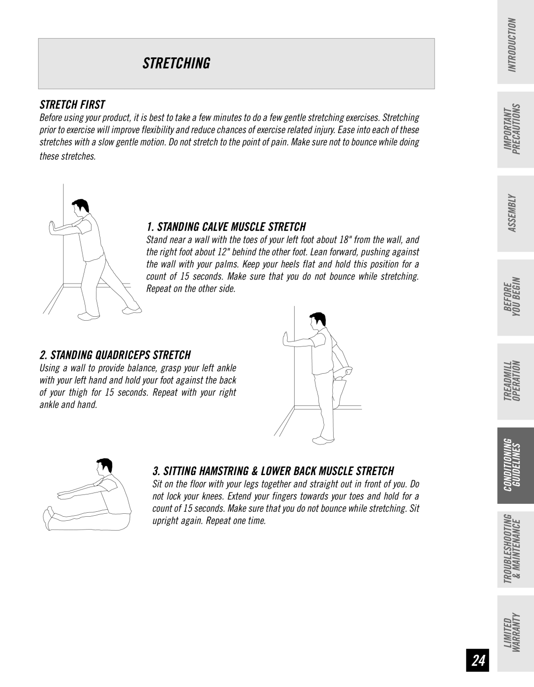 Horizon Fitness T10K manual Stretching, Stretch First, Standing Calve Muscle Stretch, Standing Quadriceps Stretch 