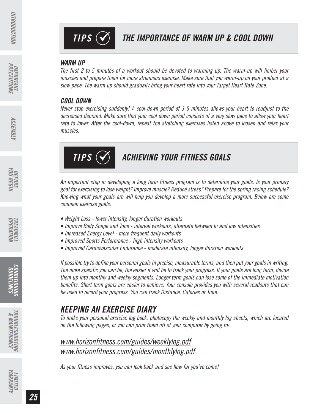 Horizon Fitness T10K manual P S Achieving Your Fitness Goals, Keeping AN Exercise Diary, Warm UP, Cool Down 