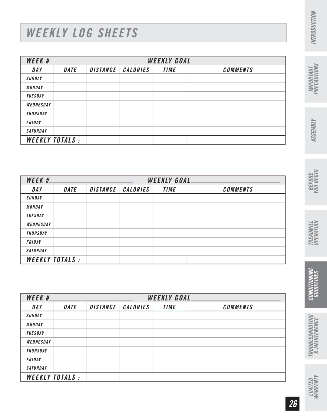 Horizon Fitness T10K manual Weekly LOG Sheets, Weekly Totals 