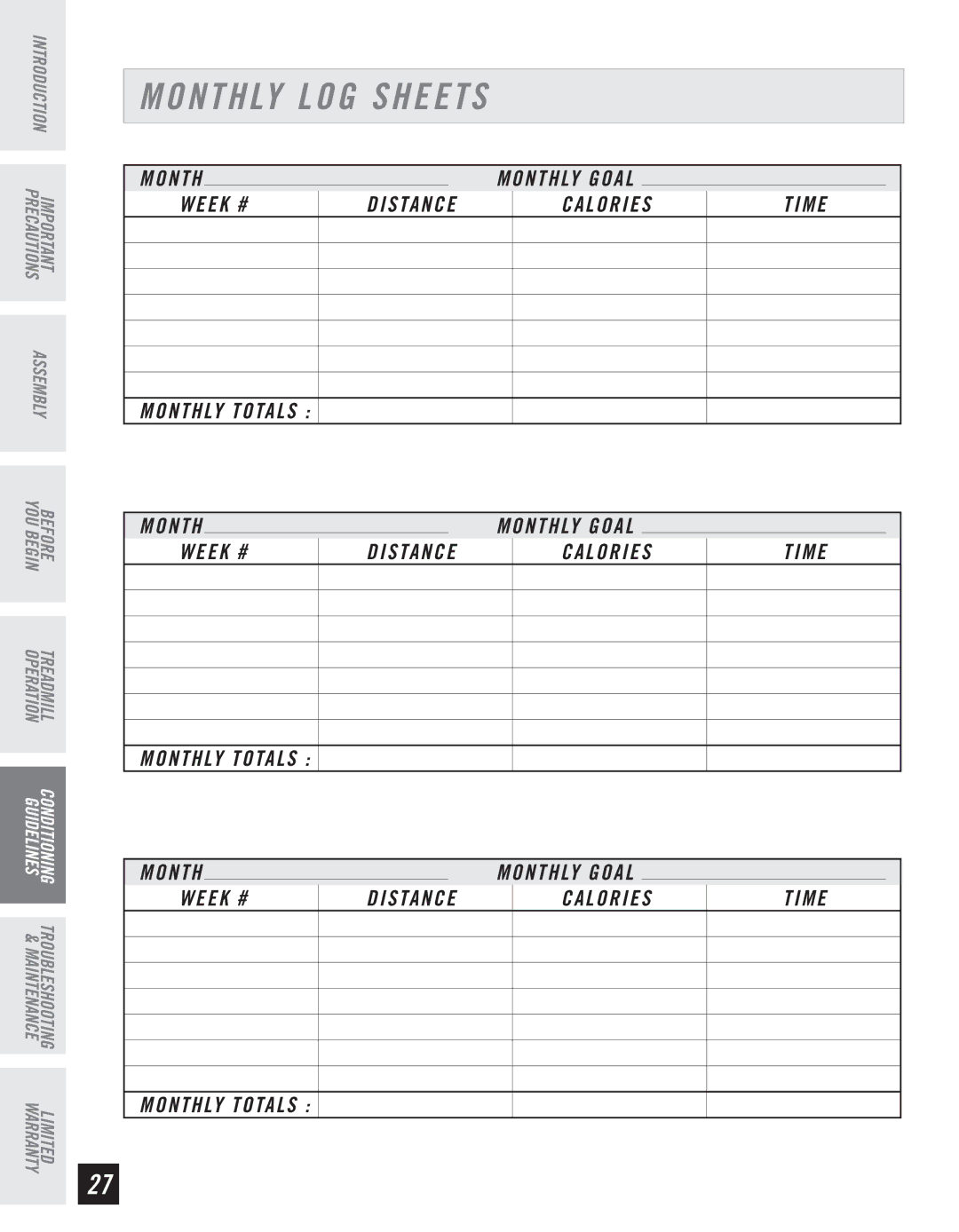 Horizon Fitness T10K manual Monthly LOG Sheets, Week # Distance Calories Time Monthly Totals 