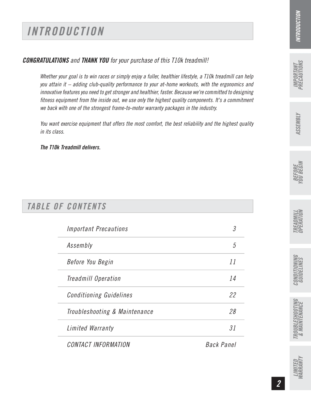 Horizon Fitness T10K manual T R O D U C T I O N, Table of Contents 