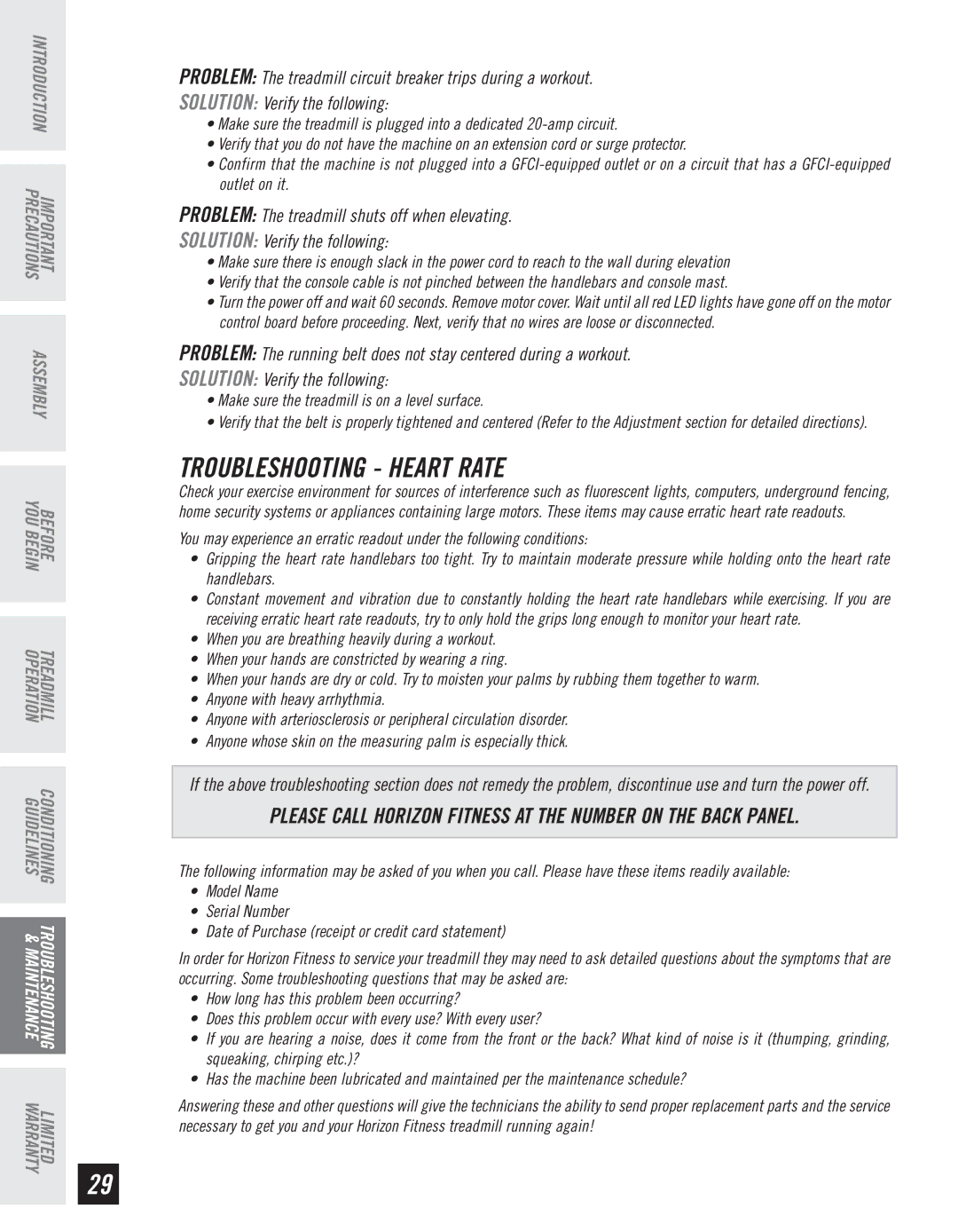 Horizon Fitness T10K manual Troubleshooting Heart Rate, Make sure the treadmill is on a level surface 