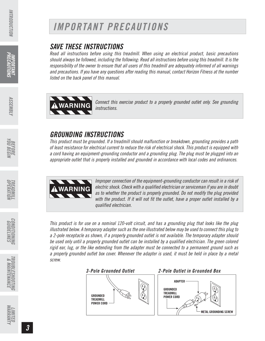 Horizon Fitness T10K manual Important Precautions, Grounding Instructions 