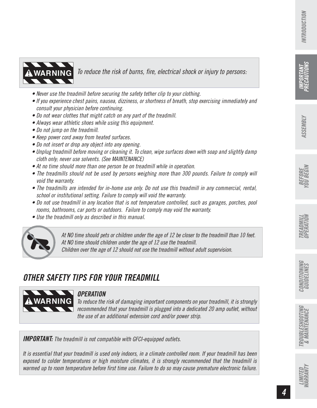 Horizon Fitness T10K manual Other Safety Tips for Your Treadmill, Operation 