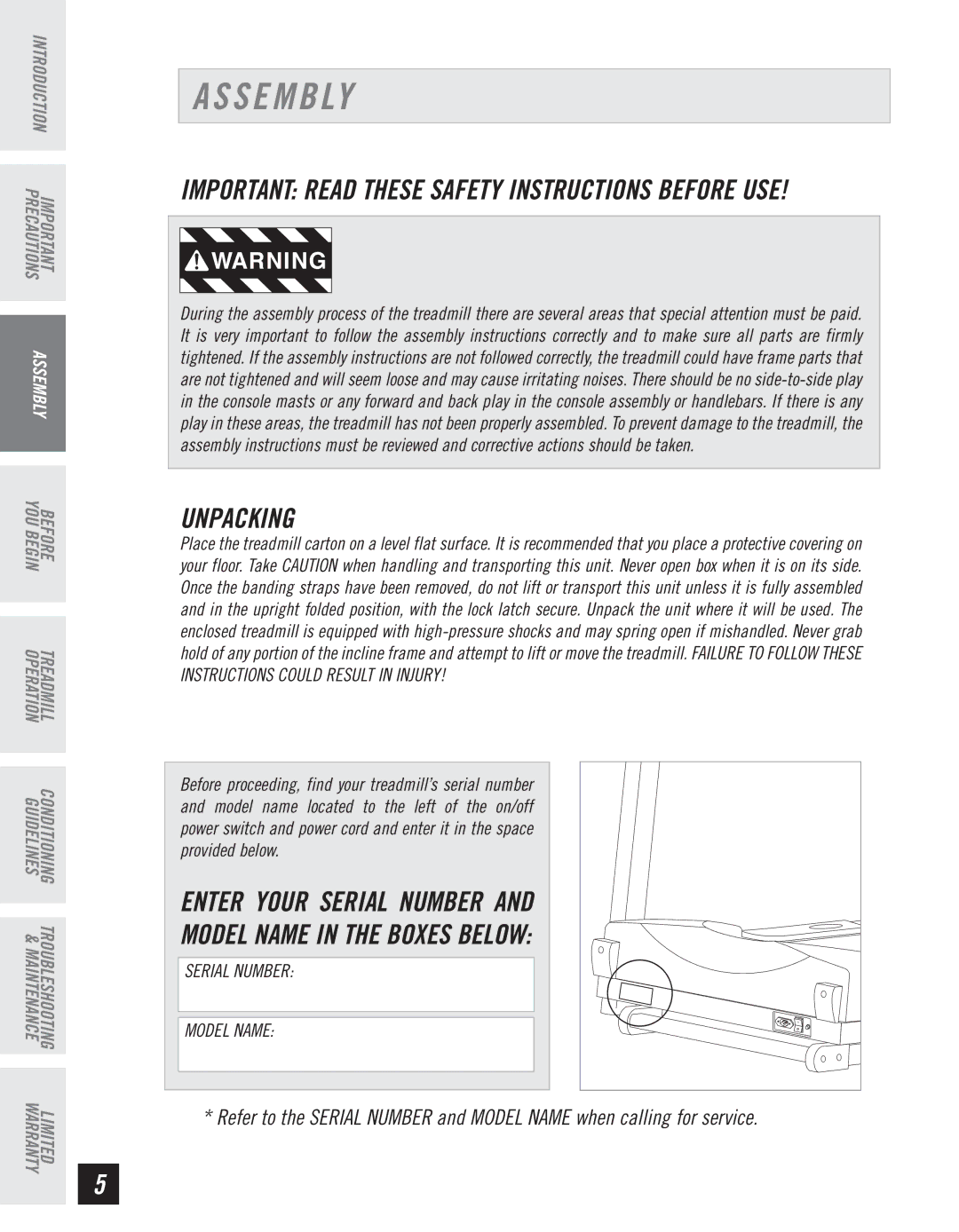 Horizon Fitness T10K manual S E M B Ly, Unpacking, Enter Your Serial Number Model Name in the Boxes below 