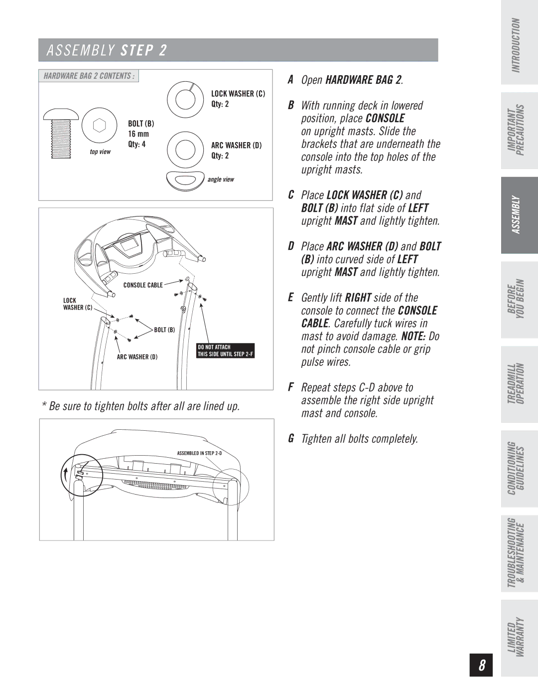 Horizon Fitness T10K manual Place ARC Washer D and Bolt 