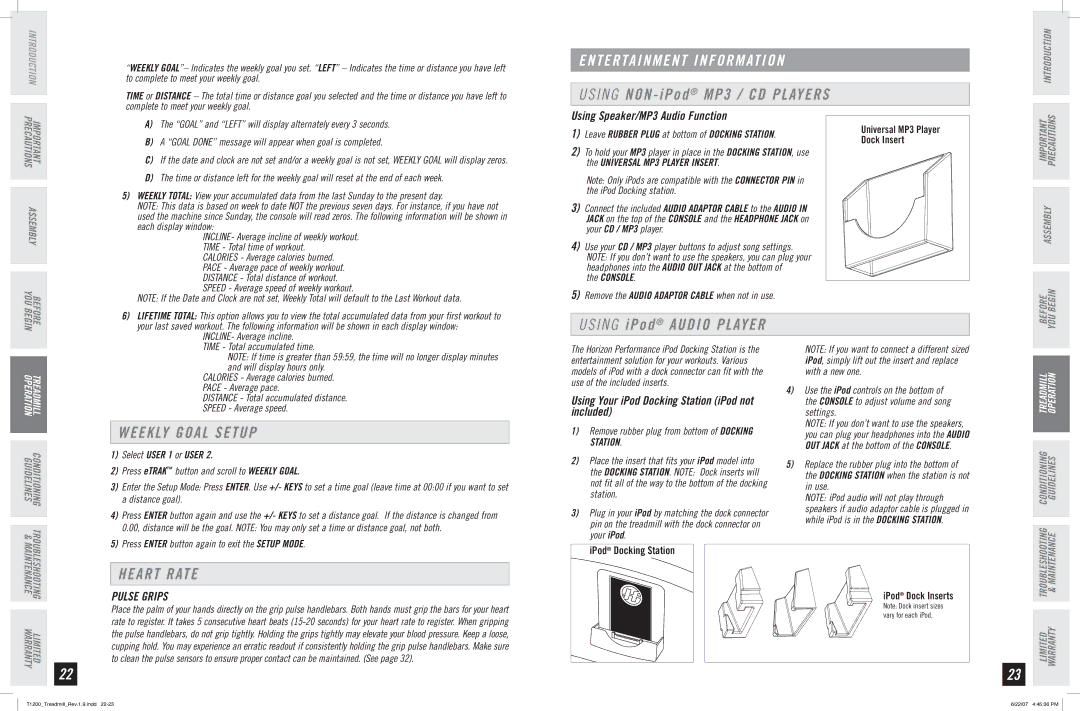 Horizon Fitness T1200 manual Weekly Goal Setup, Heart Rate, Using Speaker/MP3 Audio Function, Pulse Grips 