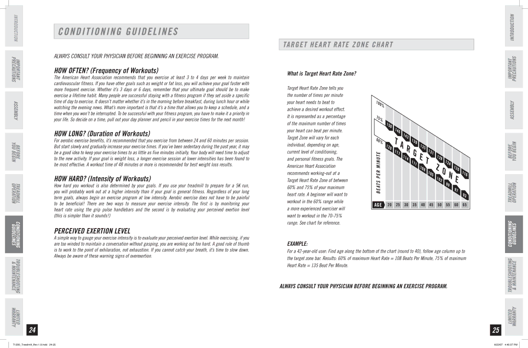 Horizon Fitness T1200 manual Conditioning Guidelines, Target Heart Rate Zone Chart, Perceived Exertion Level, Example 