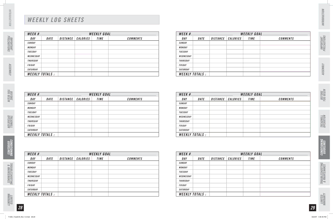 Horizon Fitness T1200 manual Week #, Weekly Totals 