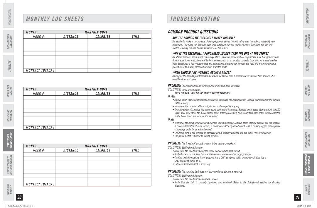 Horizon Fitness T1200 manual Monthly LOG Sheets, Troubleshooting, Common Product Questions 