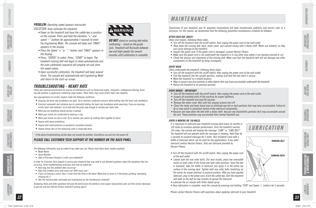 Horizon Fitness T1200 manual I N T E N a N C E, Troubleshooting Heart Rate 