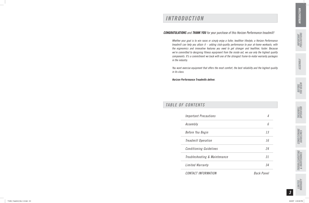 Horizon Fitness T1200 manual T R O D U C T I O N, Table of Contents 