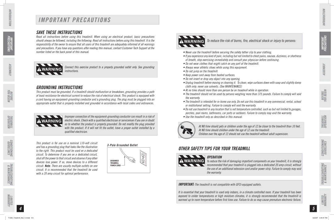 Horizon Fitness T1200 manual Important Precautions, Grounding Instructions, Operation 