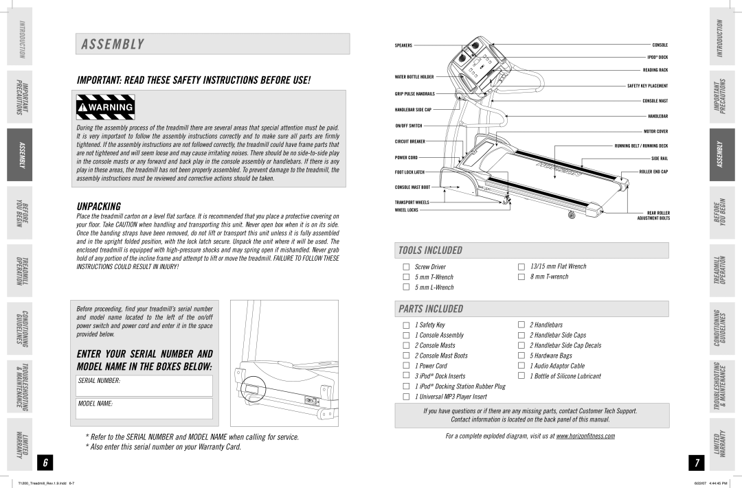 Horizon Fitness T1200 manual S E M B Ly, Unpacking, Tools Included, Parts Included 