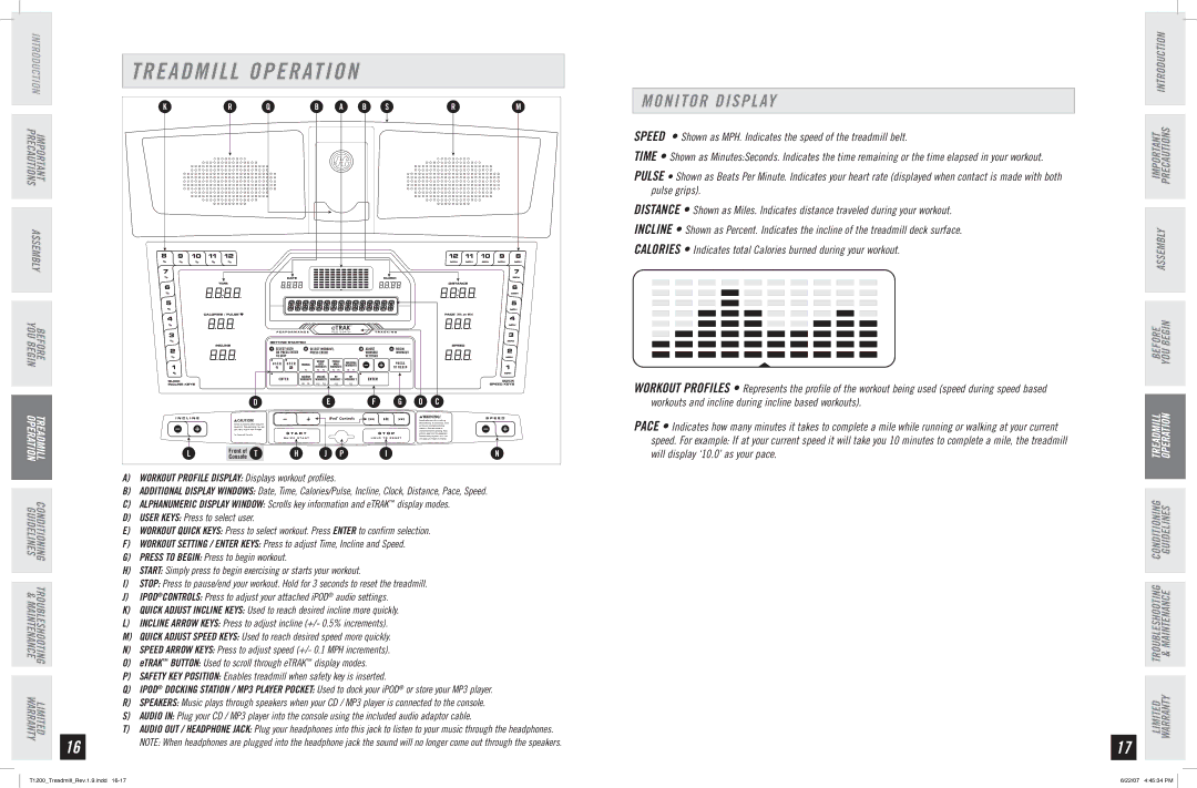Horizon Fitness T1200 manual Treadmill Operation, Monitor Display 