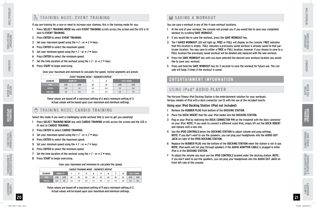 Horizon Fitness T1201 manual Saving a Workout, Press Enter to select event training, Press Enter to select Cardio Training 