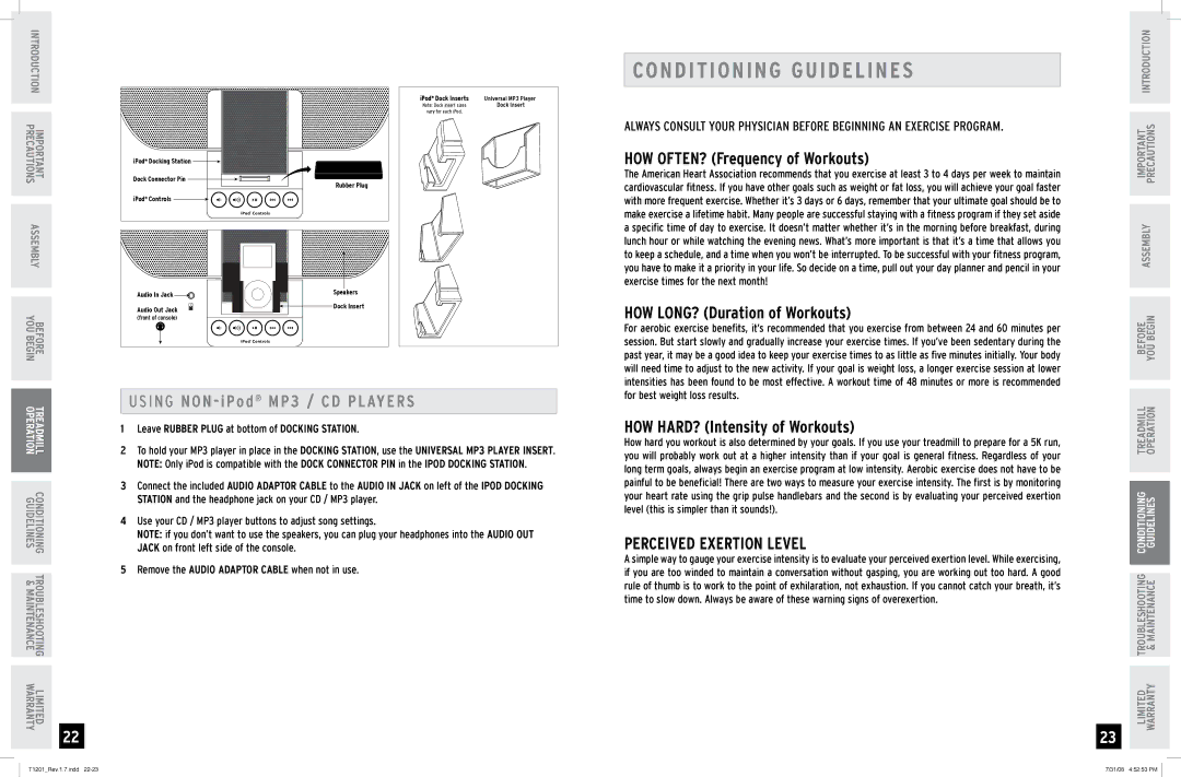 Horizon Fitness T1201 Conditioning Guidelines, Perceived Exertion Level, Leave rubber plug at bottom of docking station 