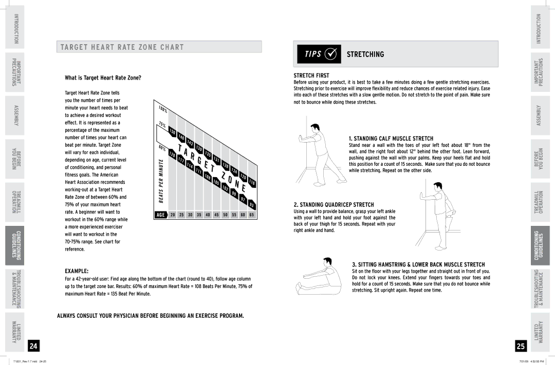 Horizon Fitness T1201 manual Target Heart Rate Zone Chart, P S Stretching, 70-75% range. See chart for reference 