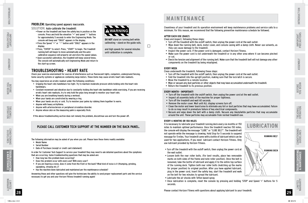 Horizon Fitness T1201 manual I N T E N a N C E, Lubrication, Troubleshooting Heart Rate 