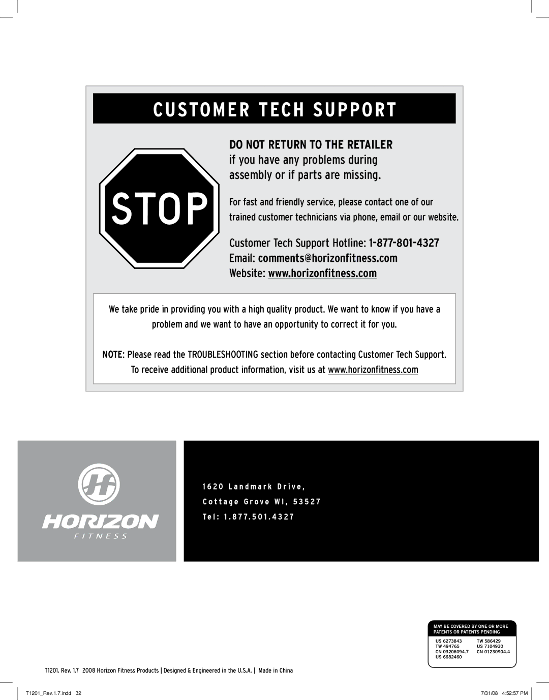 Horizon Fitness T1201 manual Customer Tech Support 