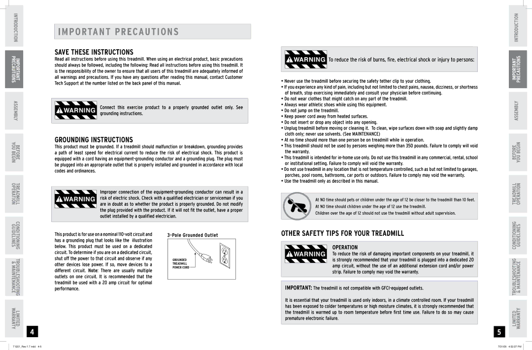 Horizon Fitness T1201 manual Important Precautions, Grounding Instructions, Grounding instructions, Pole Grounded Outlet 