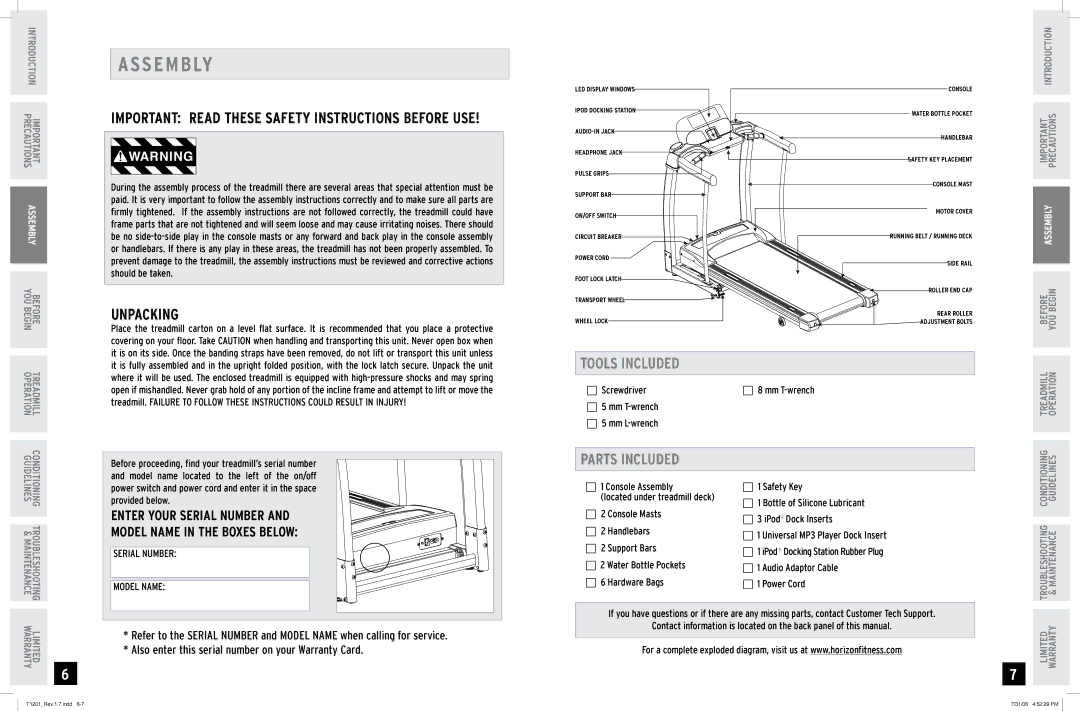 Horizon Fitness T1201 manual Ass E M B Ly, Unpacking, Tools Included, Parts Included 