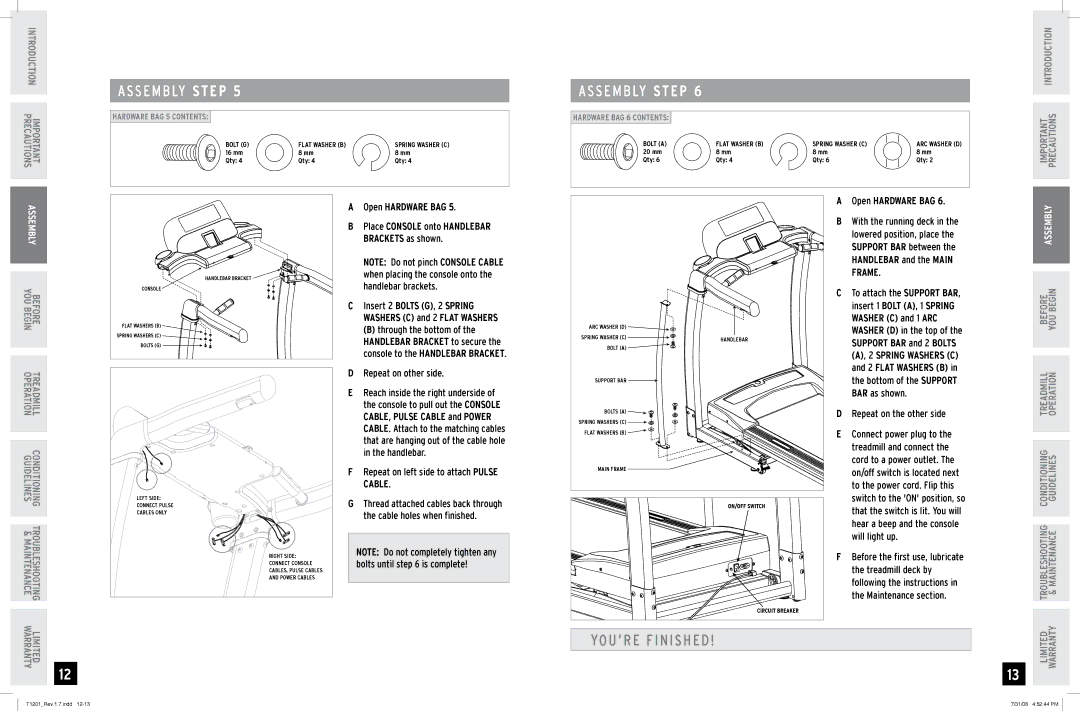 Horizon Fitness T1201 manual Frame, Support bar and 2 Bolts 