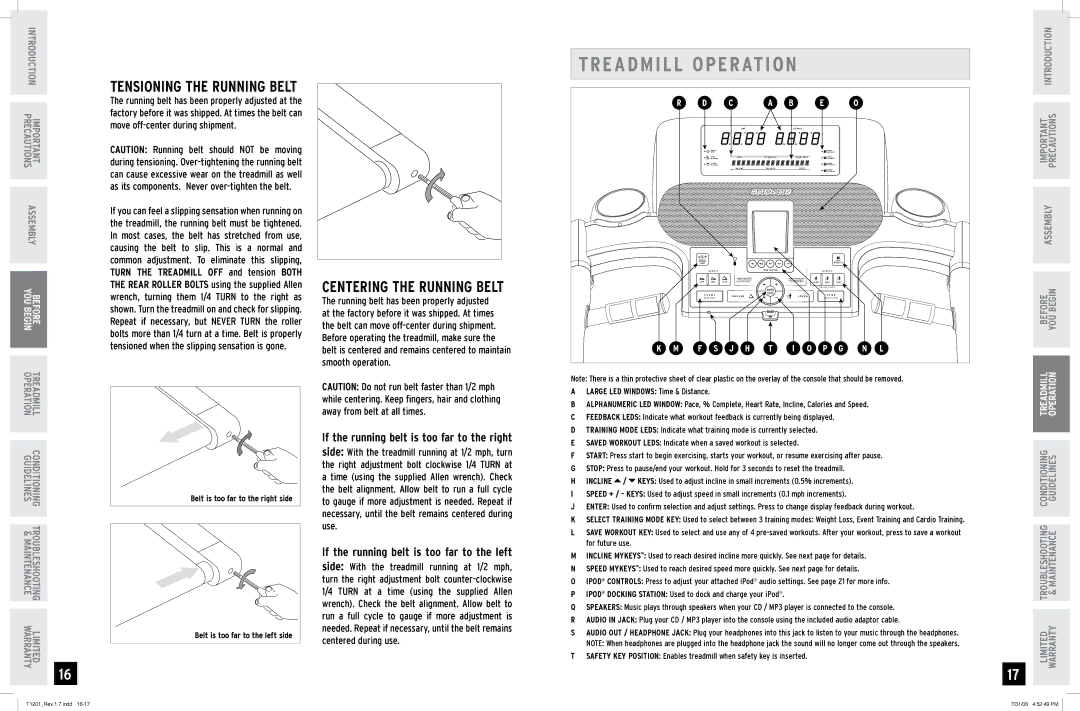 Horizon Fitness T1201 manual Treadmill Operation, Centering the Running Belt 