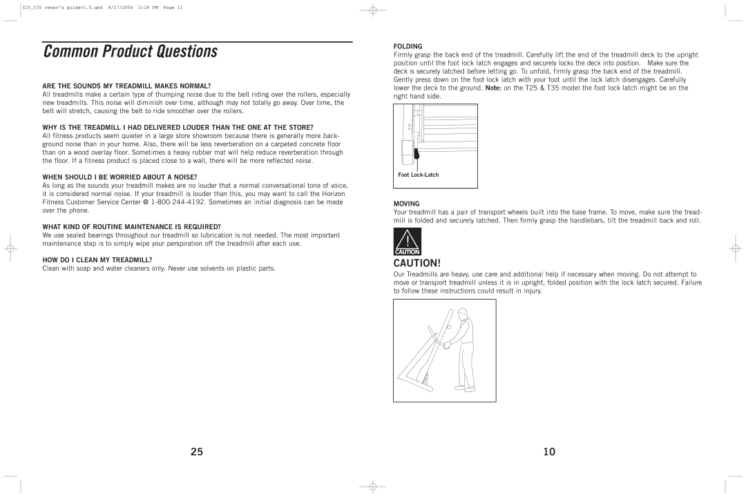 Horizon Fitness T25, T35 manual Common Product Questions 