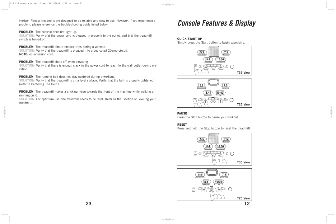 Horizon Fitness T25, T35 manual Console Features & Display, Quick Start UP, Pause, Reset 