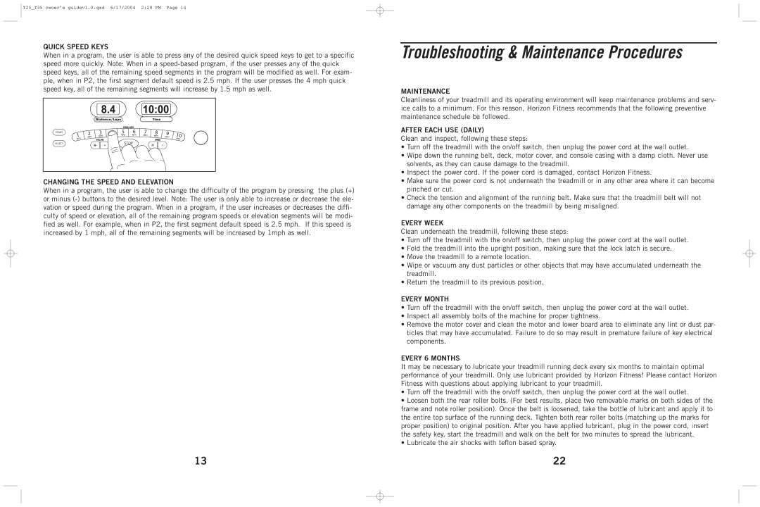 Horizon Fitness T35, T25 manual Troubleshooting & Maintenance Procedures 