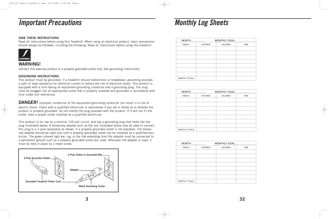 Horizon Fitness T35, T25 manual Important Precautions, Monthly Log Sheets, Grounding Instructions 