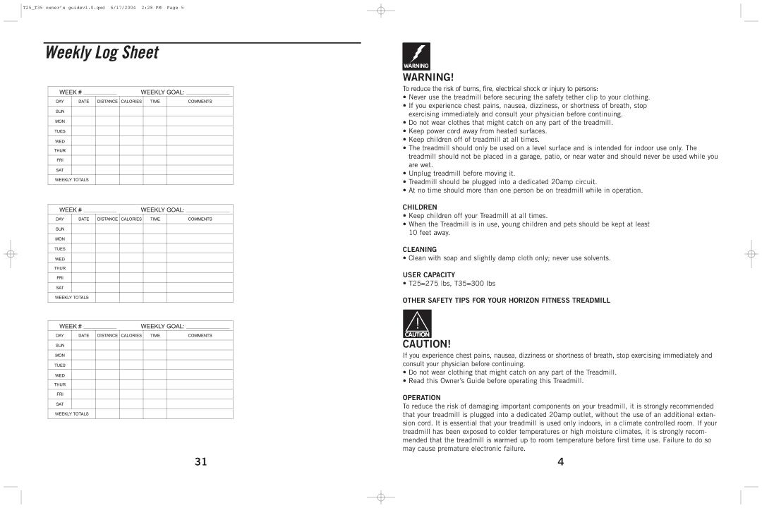 Horizon Fitness T25, T35 manual Weekly Log Sheet 