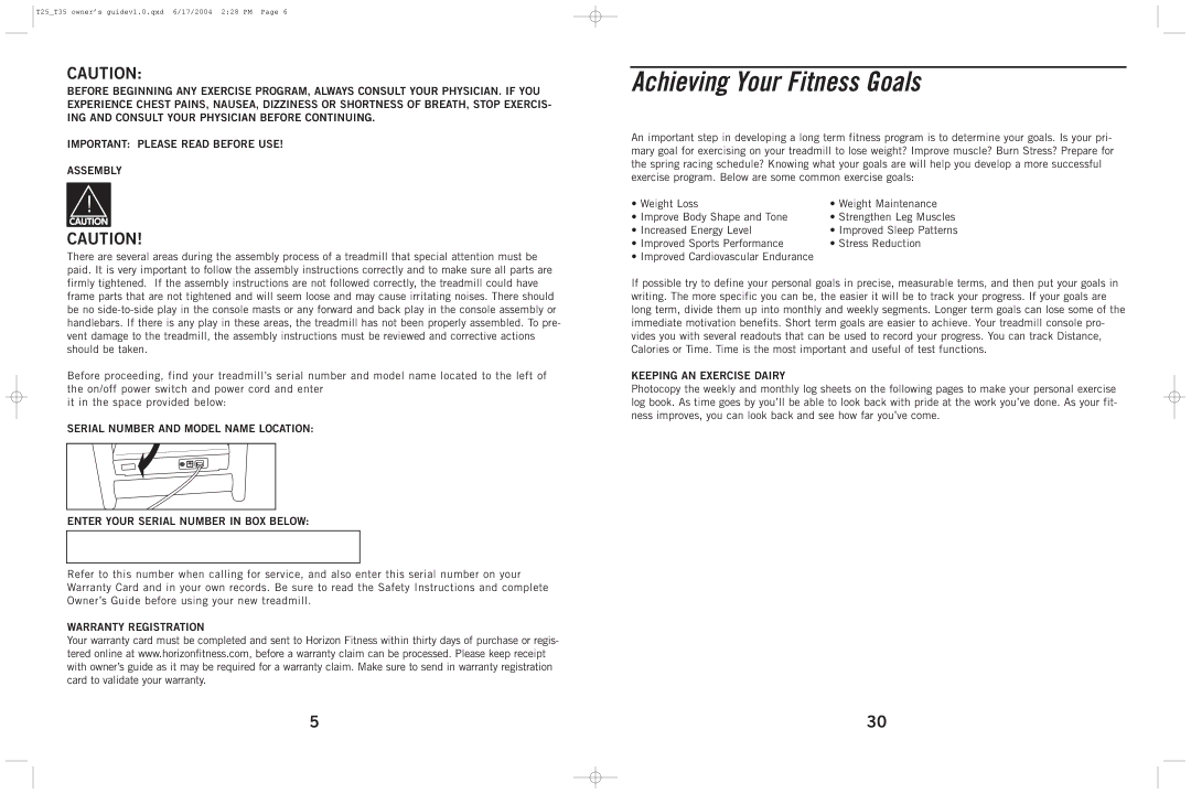 Horizon Fitness T35, T25 manual Achieving Your Fitness Goals, Warranty Registration, Keeping AN Exercise Dairy 