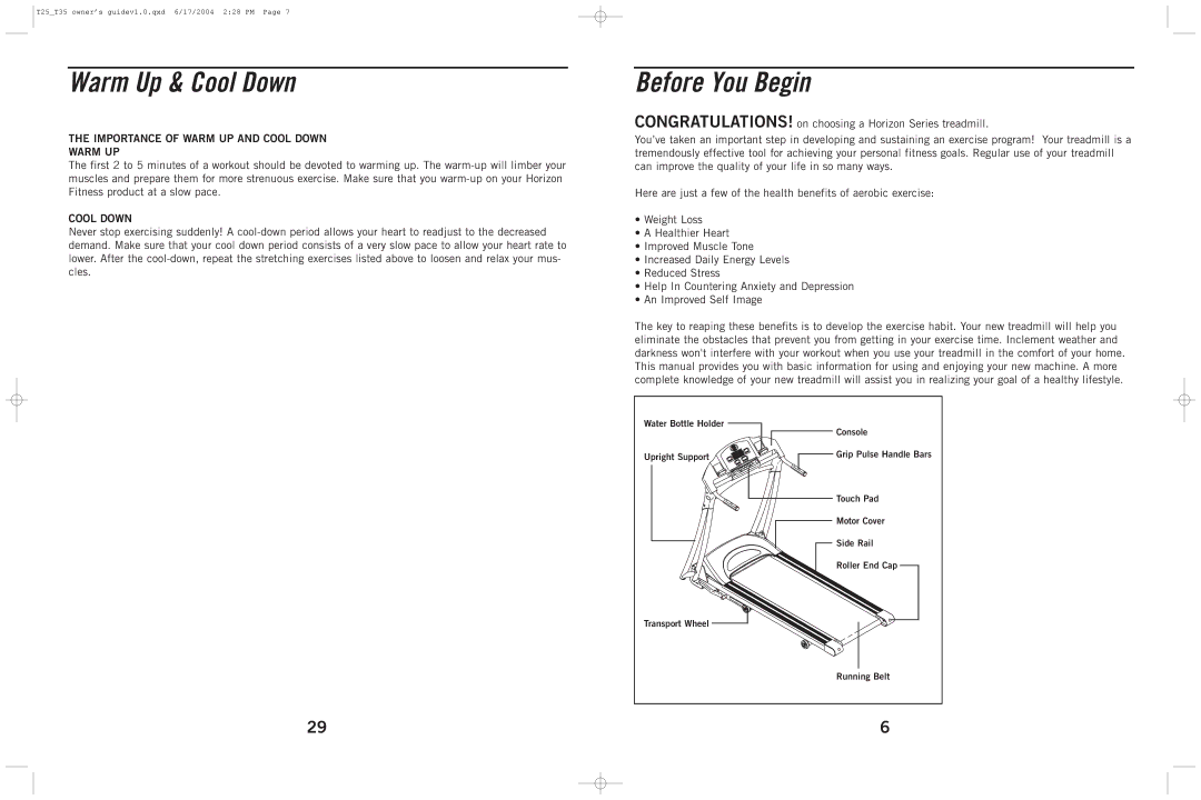 Horizon Fitness T25, T35 manual Warm Up & Cool Down, Before You Begin, Importance of Warm UP and Cool Down 
